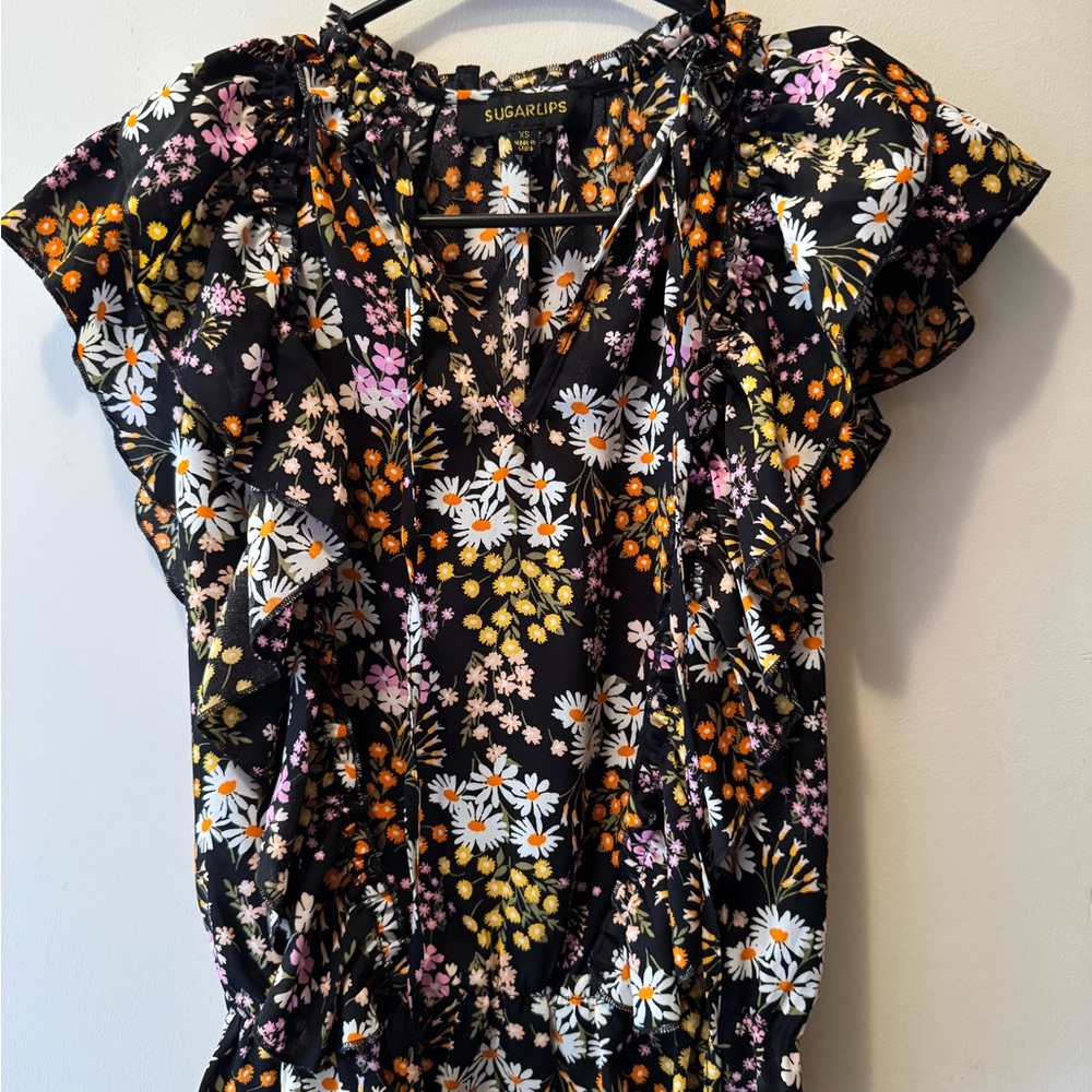Sugarlips Floral Ruffle Sleeve Top - Black Multi